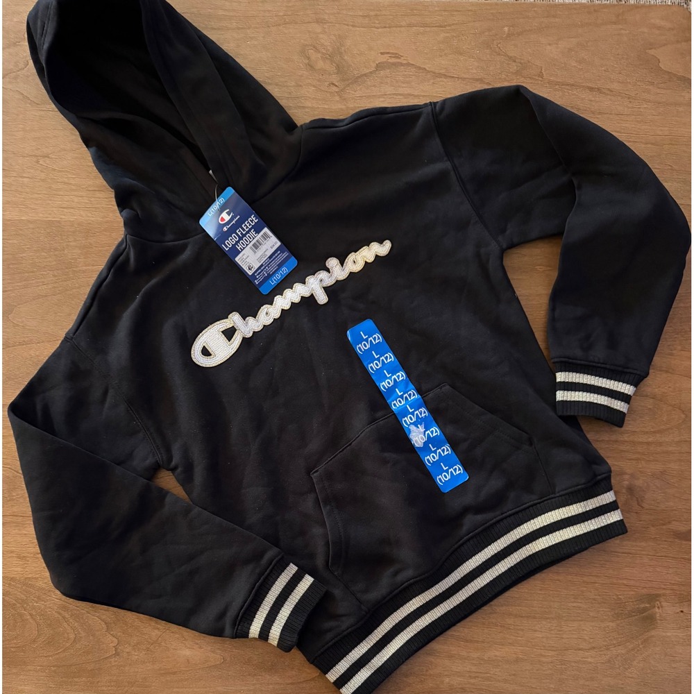 Champion Girls Logo Fleece Hoodie Black/Gold Sweatshirt L 10/12 NEW